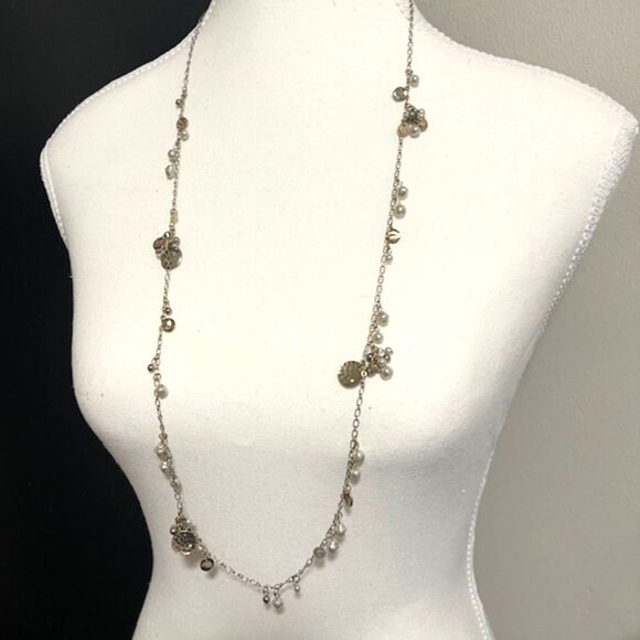 Loft Faux Pearl Gold Tone Chain Charm Long Necklace - Picture 2 of 8